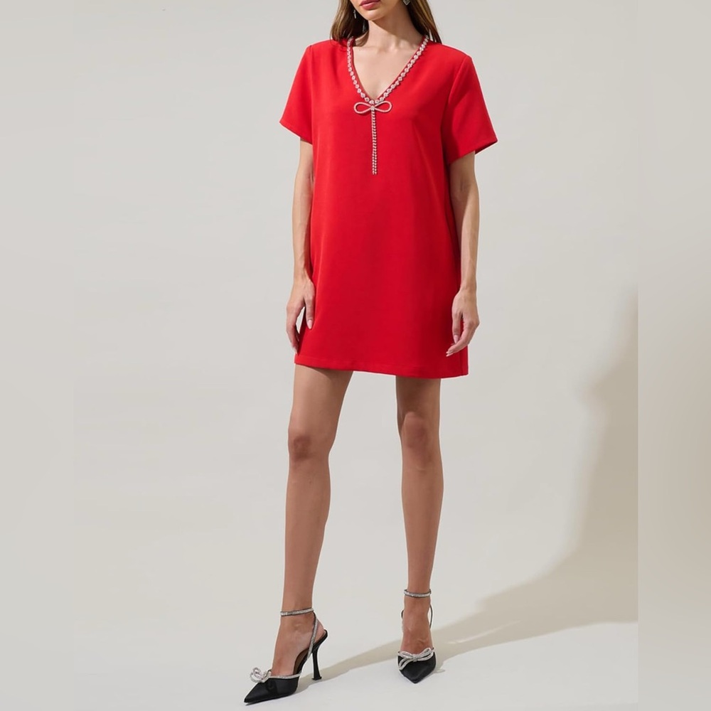 Chic Red V-Neck Mini Dress with rhinestone bow